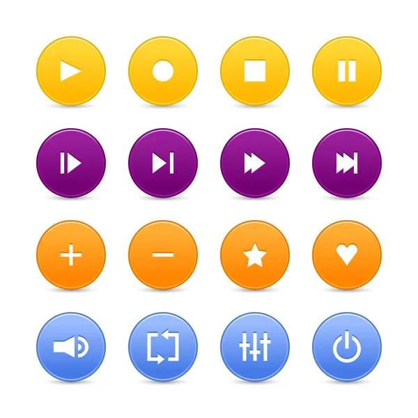 16 media audio video control web 2.0 buttons. Colorful round shapes with shadow on white background — Stock Vector