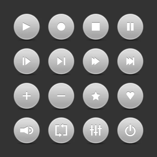 16 botones de control de medios web 2.0. Formas redondas grises con sombra sobre fondo gris — Vector de stock