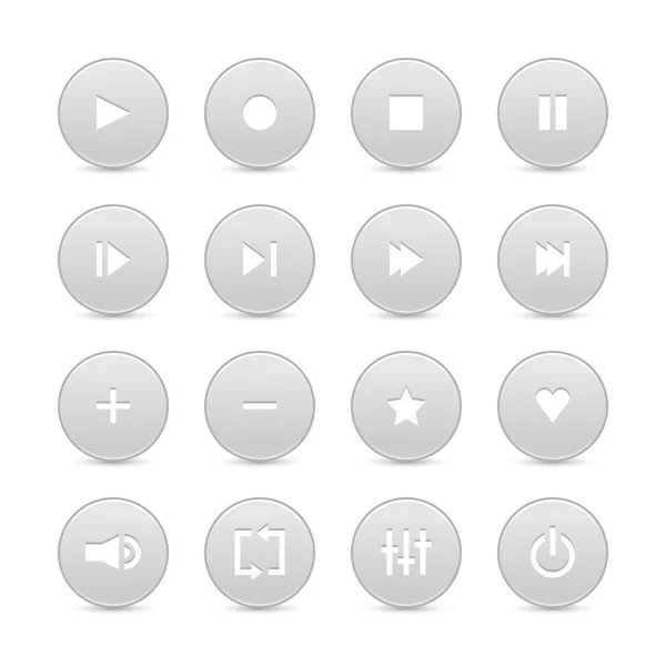 16 media media control web 2.0 buttons. Gray round shapes with shadow on white background — Stock Vector