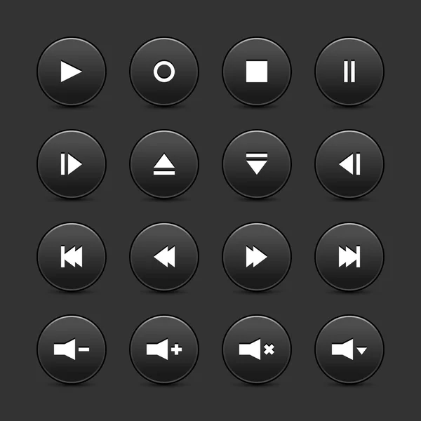 Boutons web 2.0 16 médias. Formes rondes noires avec ombre sur fond gris — Image vectorielle