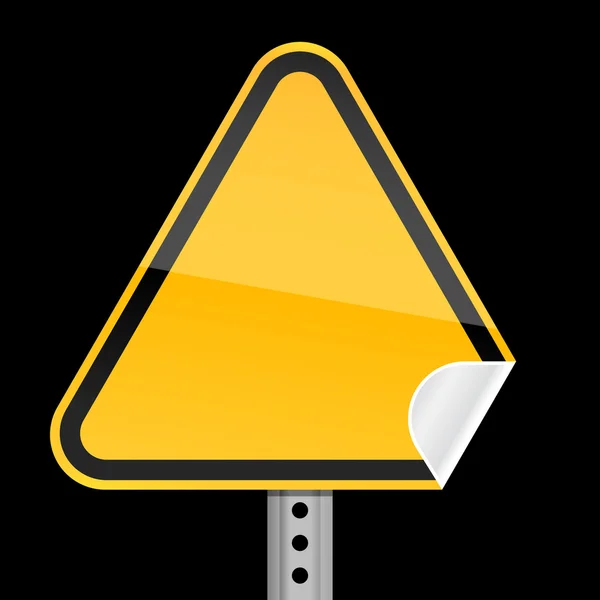 Blank yellow road warning sign with curved corner on black background — Stock Vector