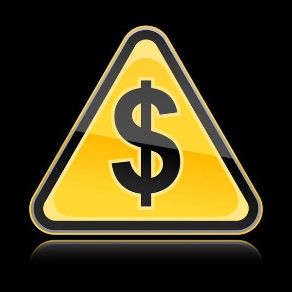 Panneau d'avertissement jaune avec symbole dollar sur fond noir — Image vectorielle