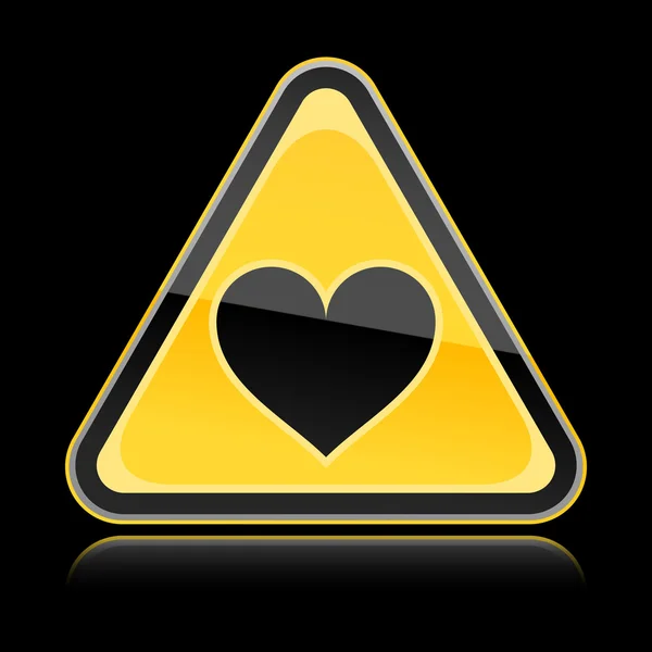 Segnale di pericolo giallo con simbolo del cuore e con riflessione su sfondo nero — Vettoriale Stock