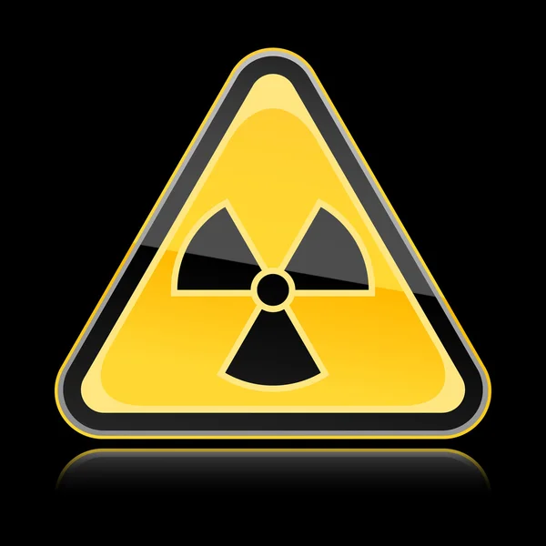 Yellow hazard warning sign with radiation symbol on black background — Stock Vector