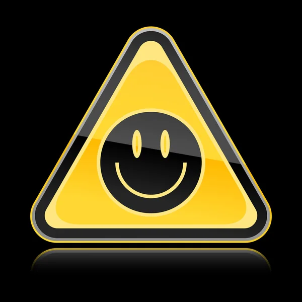 Gyllene gul fara varningstecken med svart smiley face symbol på svart bakgrund — Stock vektor