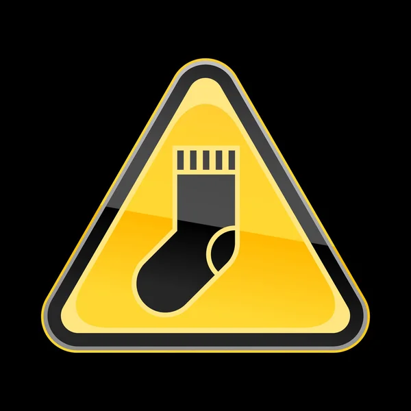 Yellow hazard warning sign with sock symbol on black background — Stock Vector