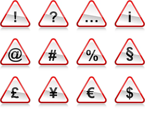 Piros figyelmeztető jelek és szimbólumok. Lekerekített háromszög alakú fehér háttér szín tükörképe. 10 eps — Stock Vector