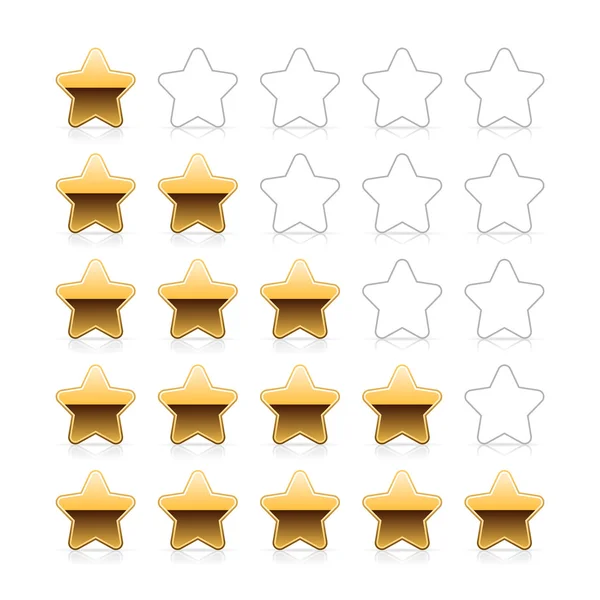 Guld fem stjärnor ratings webb 2.0-knappen med skugga och eftertanke på vit bakgrund — Stock vektor