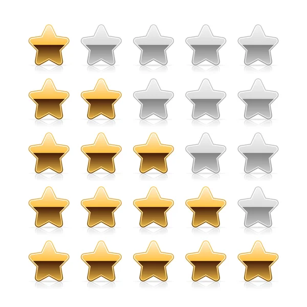 Five metal gold stars ratings with shadow and reflection on white — Stock Vector