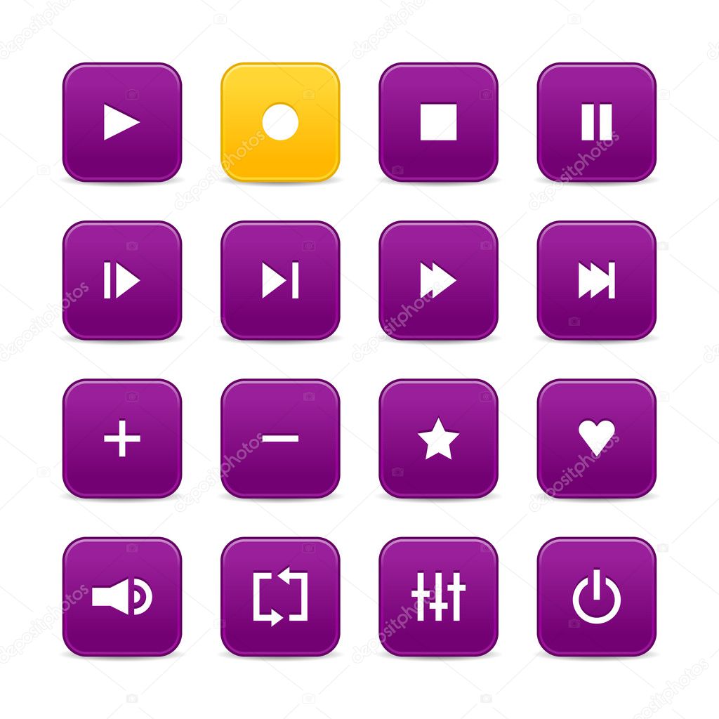 Violet and yellow 16 media control web 2.0 buttons. Rounded square with shadow on white background