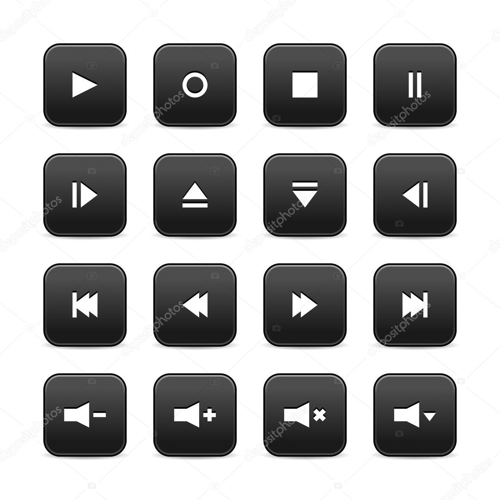 16 media audio video control web 2.0 buttons. Black rounded square shapes with shadow on white background