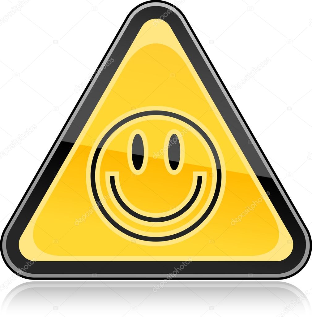 Hazard warning sign with smiley face symbol on a white background