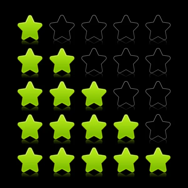 Five stars ratings web 2.0 button. Green and black shapes with reflection on black background — Stock Vector