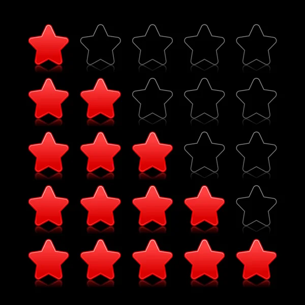 Cinq étoiles rouges notes web 2.0 bouton. Formes satinées lisses avec réflexion sur fond noir — Image vectorielle