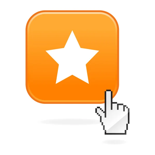 Splatany pomarańczowy przycisk z symbolem gwiazdy i kursor ręką na biały — Wektor stockowy
