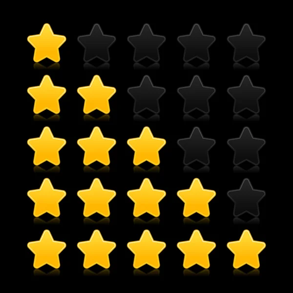Vijf sterren waarderingen web 2.0 knop. geel en zwart vormen met reflectie op zwarte achtergrond — Stockvector