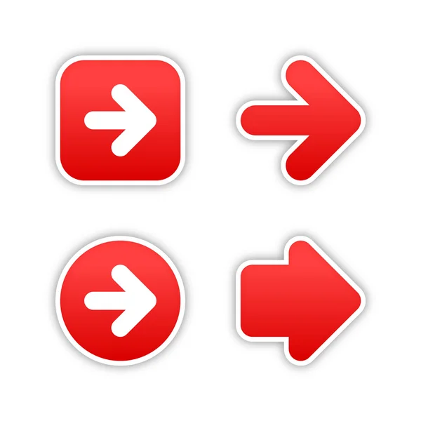 4 web 2.0 button stickers arrow sign. Smooth red shapes with shadow on white. — Stock Vector