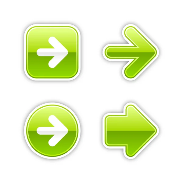 Grüne Pfeil-Zeichen Web 2.0-Buttons. glatte farbige Sticker mit Schatten auf weißem Hintergrund. 10 Folgen — Stockvektor