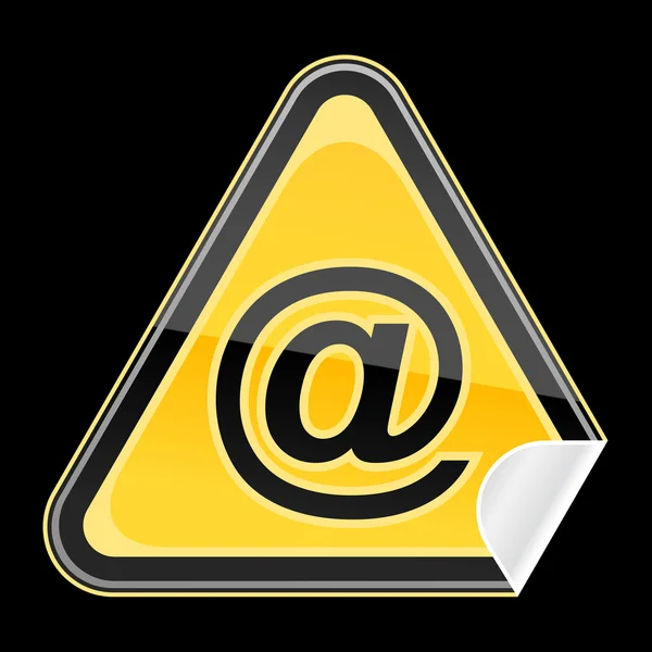 Autocollant signe d'avertissement de danger jaune avec message publicitaire au symbole et coin incurvé sur fond noir — Image vectorielle