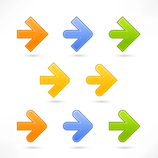 9 formes de variations de la flèche. Autocollants colorés avec ombre sur fond blanc — Image vectorielle