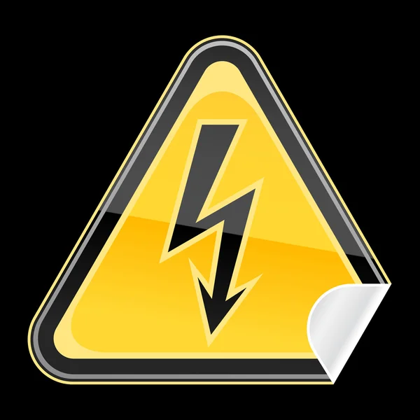 Yellow golden hazard warning sign with high voltage symbol on black background — Stock Vector