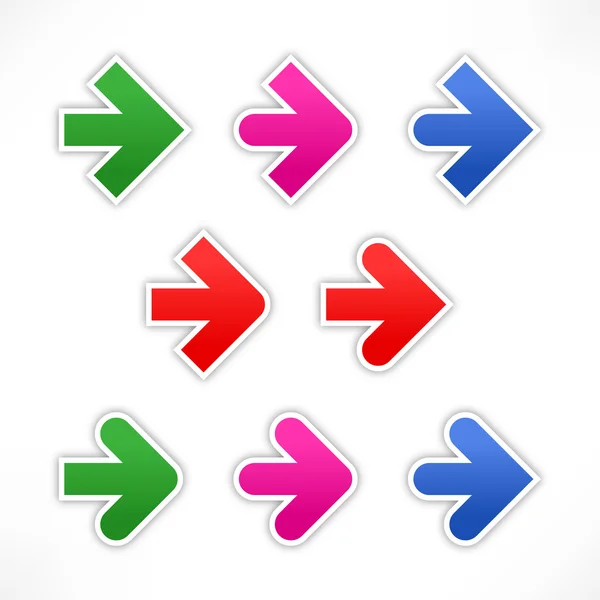 9 varianti freccia web 2.0 icone. Colore forme satinate con ombra su sfondo bianco — Vettoriale Stock