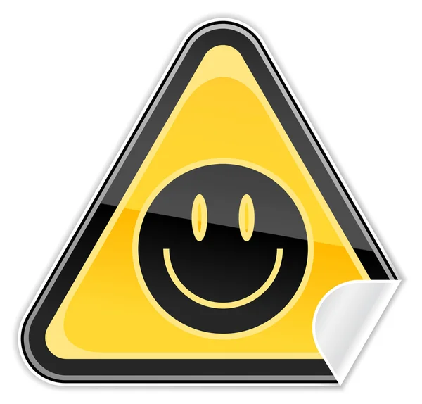 Klistermärke gul fara varningstecken med smiley face symbol på vit bakgrund — Stock vektor