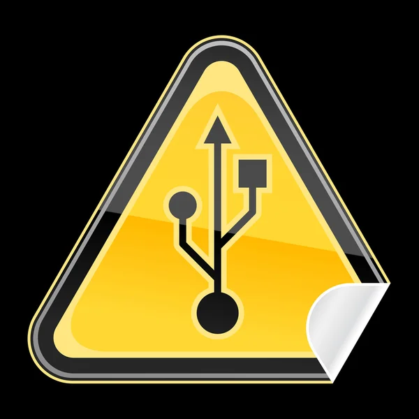 Sticker yellow hazard warning sign with USB symbol on black background — Stock Vector