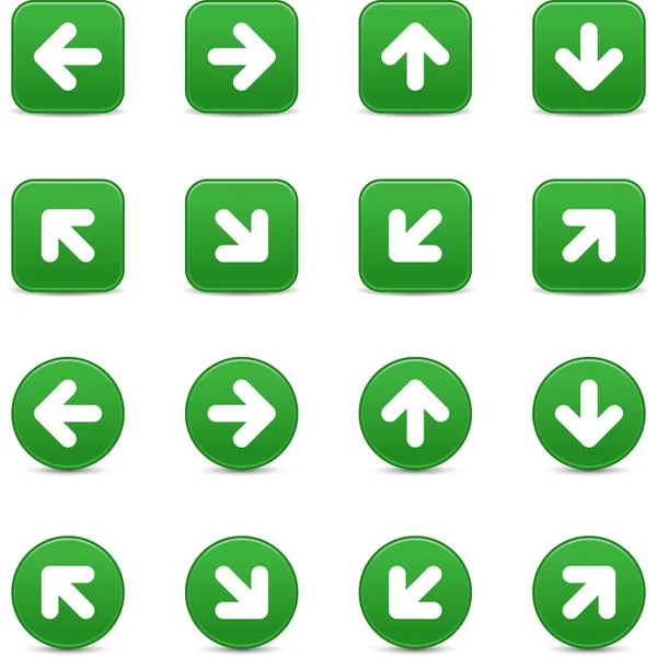 Verde mate botón web de Internet con símbolo de flecha. Formas geométricas redondas y cuadradas. Fondo blanco — Archivo Imágenes Vectoriales