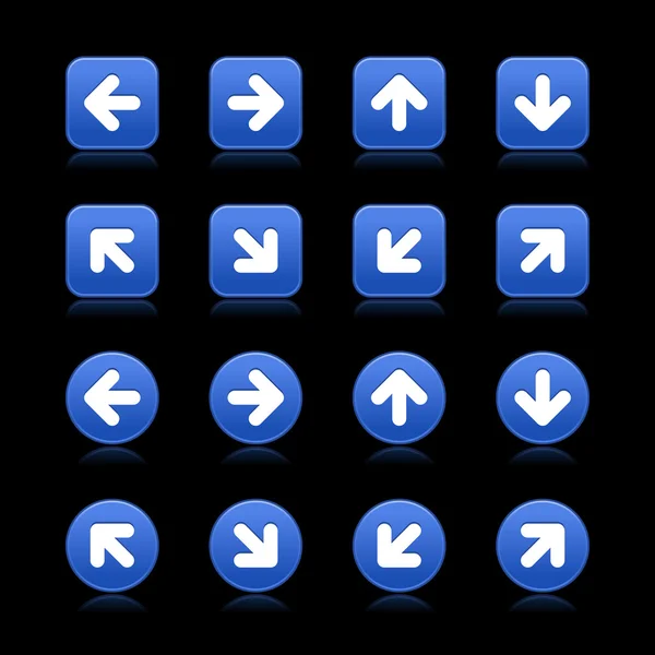 Azul web 2.0 botón de símbolo de flecha. Formas redondas y cuadradas con reflexión sobre fondo negro — Vector de stock
