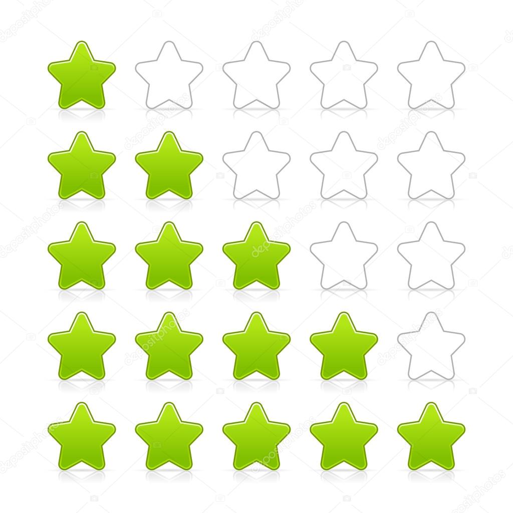 Five stars ratings web 2.0 button. Green and gray shapes with shadow and reflection on white