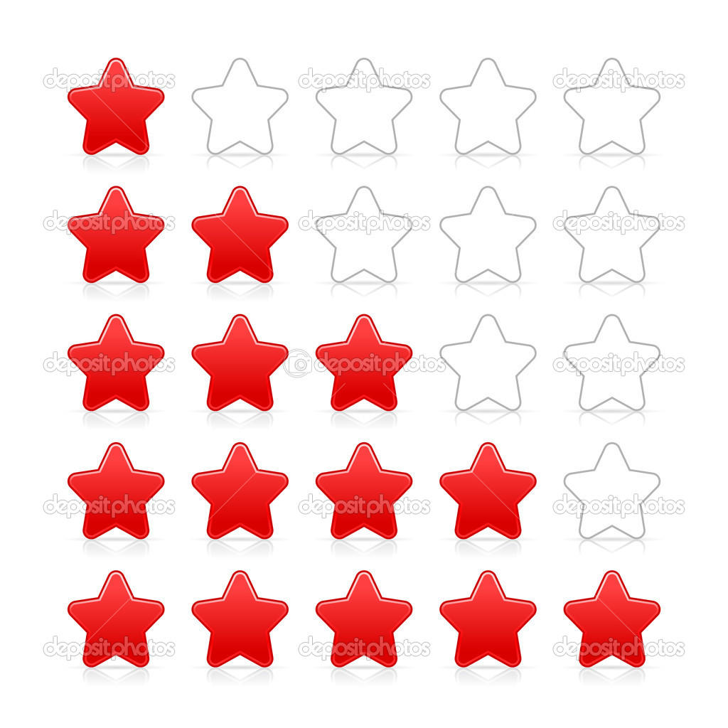 Five stars ratings web 2.0 button. Red and gray shapes with shadow and reflection on white