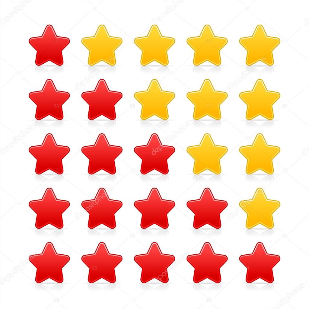 5 stars ratings web 2.0 button. Red and yellow shapes with reflection and shadow on white
