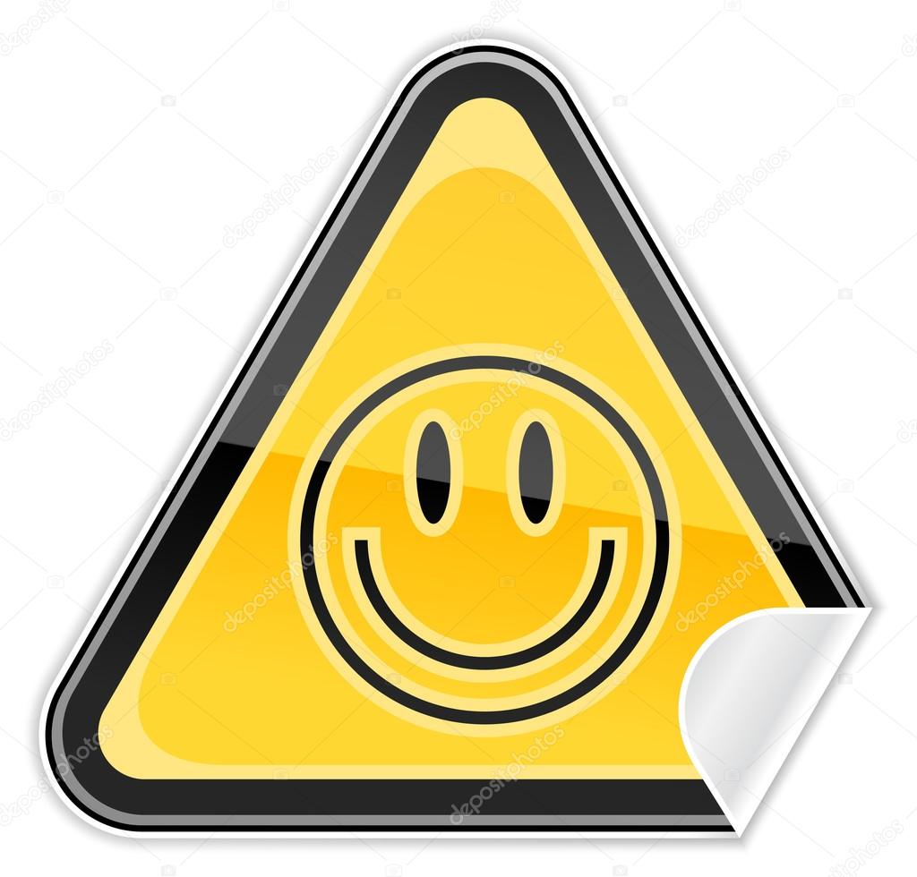 Sticker yellow hazard warning sign with smiley face symbol on white background