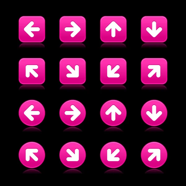 Arrow symbol web 2.0 internet buttons. Matted pink square and round shapes with reflections and shadows on black background — Stock Vector