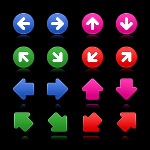 Flèche signe web 2.0 boutons Internet. Formes colorées lisses avec reflets et ombres sur fond noir — Image vectorielle