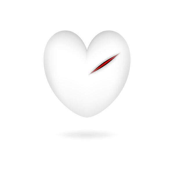White heart with one incision and drop shadow on white