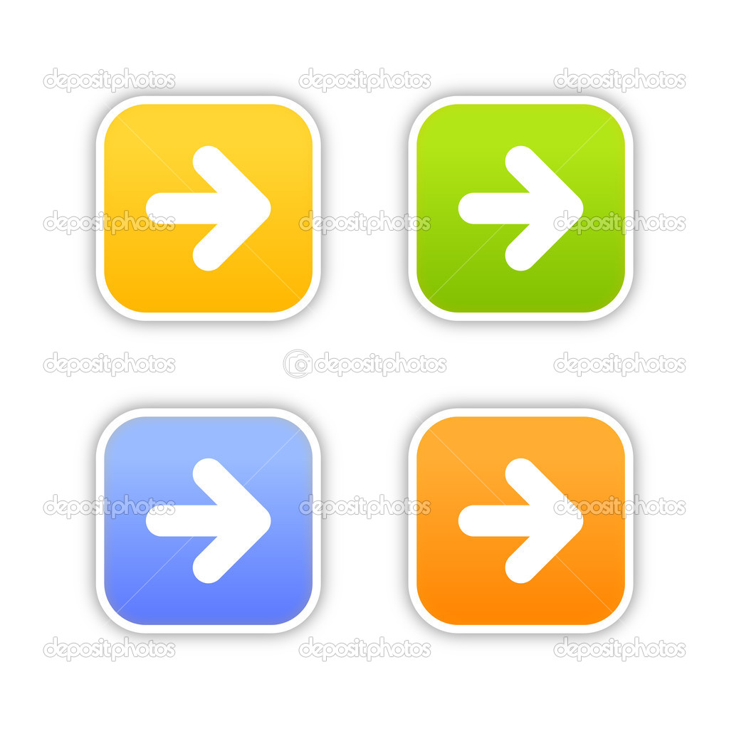 4 colorful arrow sign web 2.0 button. Square stickers with shadow on white.