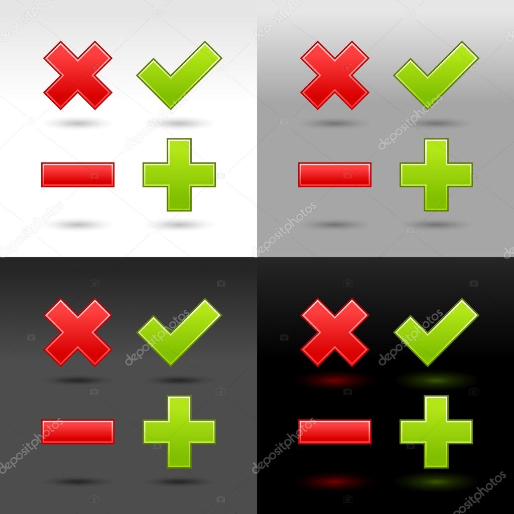Satin smooth web button validation icons with drop shadow and reflection on four color background. This vector illustration created and saved in 8 eps