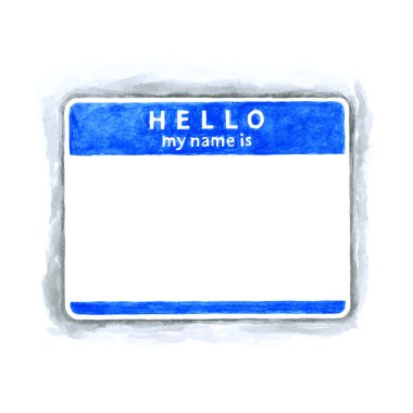 Blue blank HELLO my name is tag sticker with shadow on white background. Handmade watercolor technique