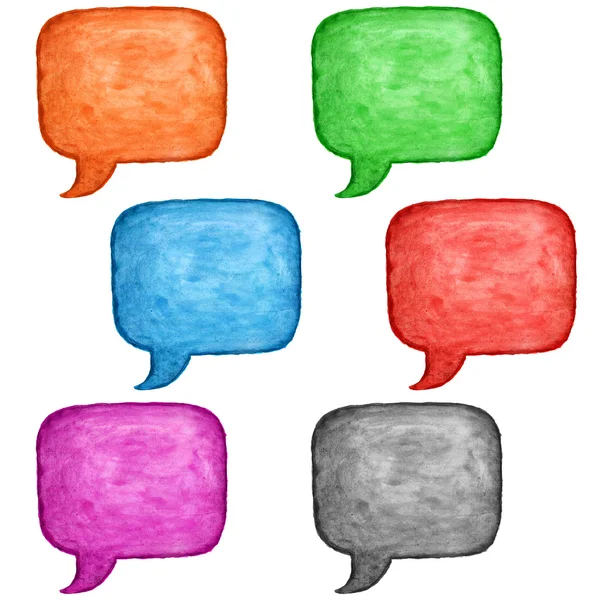 6 watercolor blank speech bubble dialog square shape on white background. Colored handmade technique aquarelle template. Empty copy-space for your text, signs or design — Stock Photo, Image