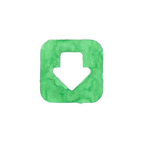 Ícone de seta botão verde com sinal de download. Forma quadrada arredondada isolada em fundo branco criada em aquarela técnica artesanal. Elemento de web design colorido interface de usuário UI — Fotografia de Stock