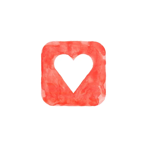 Corazón icono botón rojo con signo favorito. Forma cuadrada redondeada aislada sobre fondo blanco creada en técnica de acuarela hecha a mano. Interfaz de usuario del elemento de diseño web coloreado — Foto de Stock