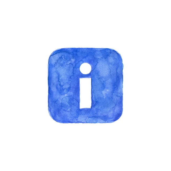 Information icon blue button with sign. Isolated rounded square shape on white background created in watercolor handmade technique. Colored web design element UI user interface — Stock Photo, Image