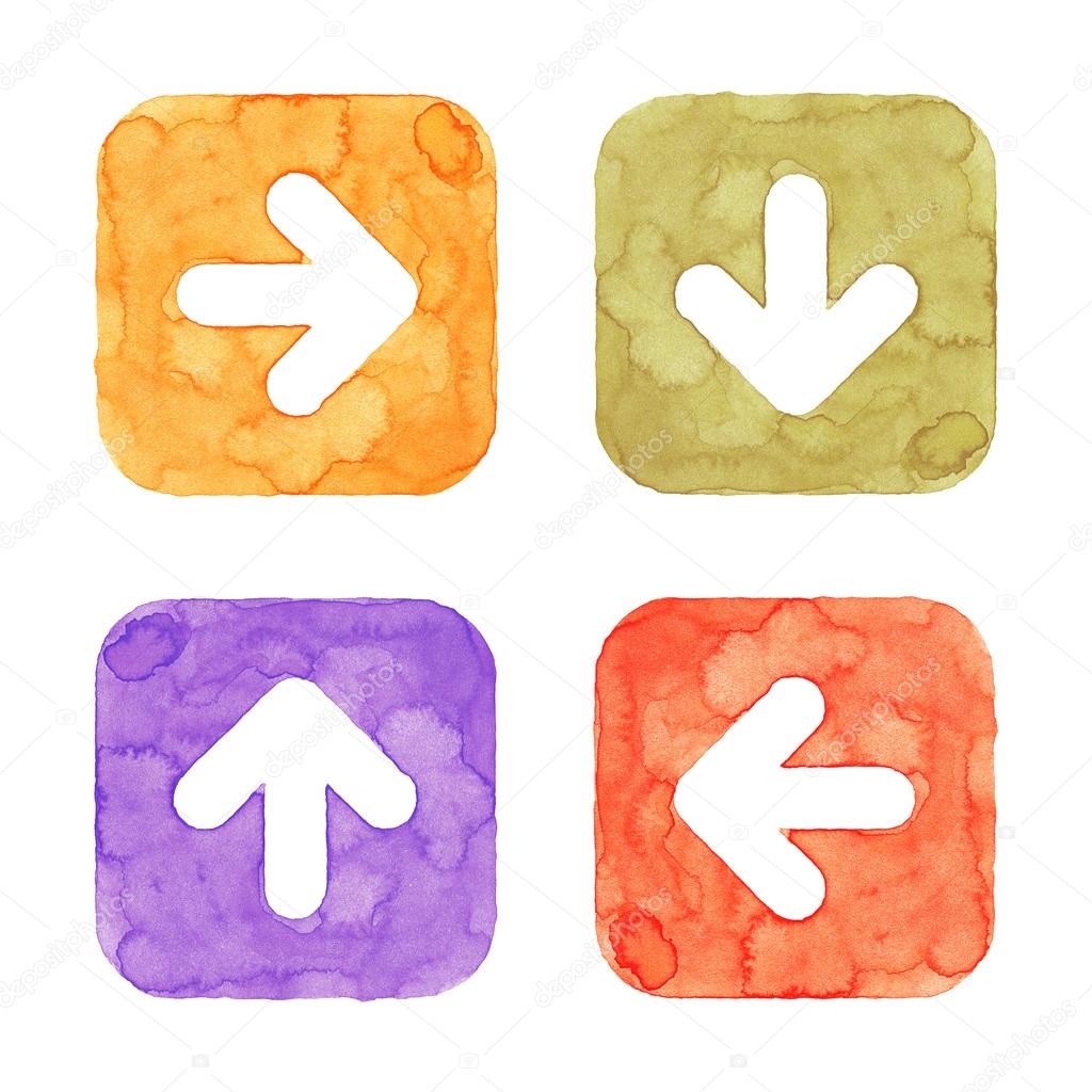 Arrow icon button with sign. Orange, green, violet, red isolated rounded square shape on white background. This image created in watercolor handmade technique. Web design element UI user interface