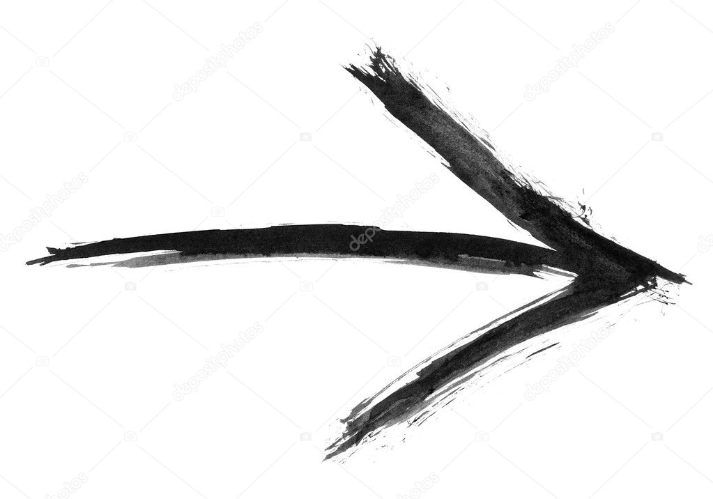 Black watercolor arrow isolated on white background created paint brush stroke in handmade technique.
