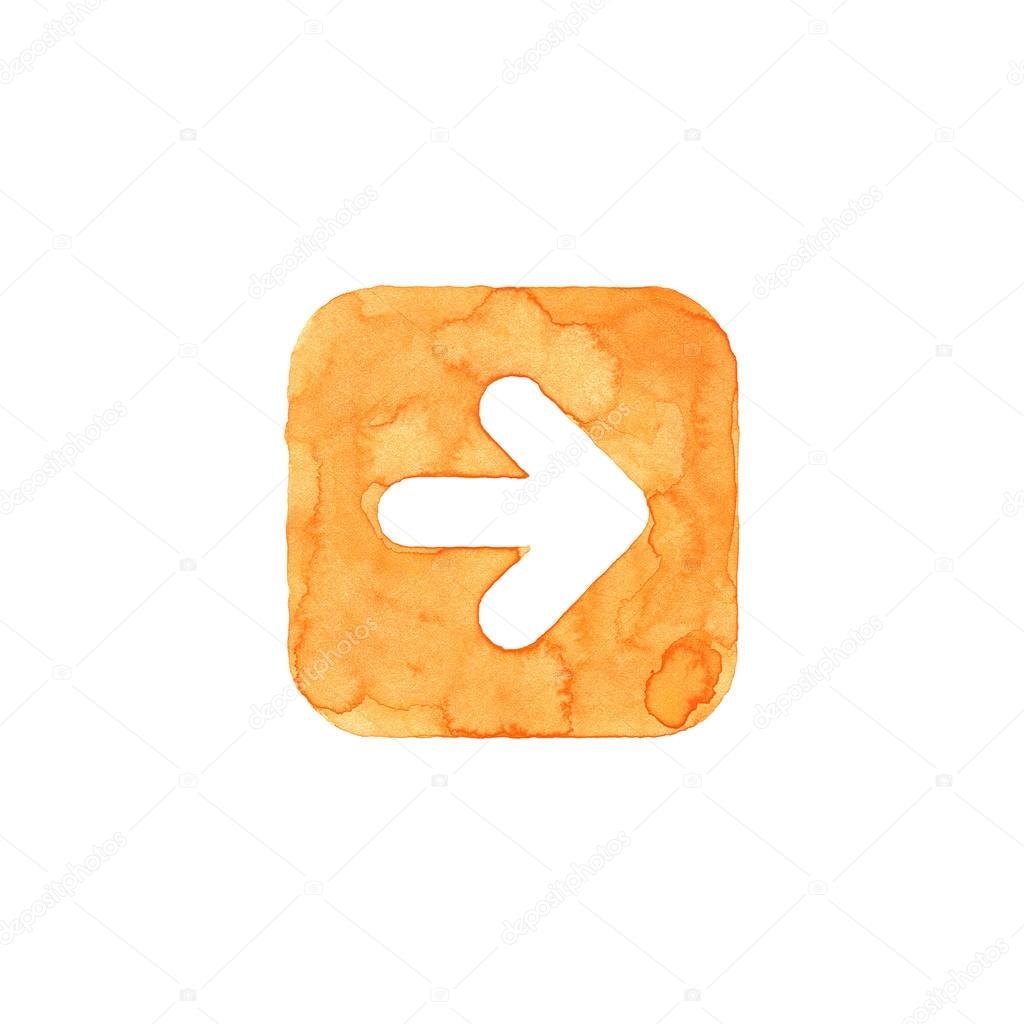 Arrow icon orange button with sign. Isolated rounded square shape on white background created in watercolor handmade technique. Colored web design element UI user interface