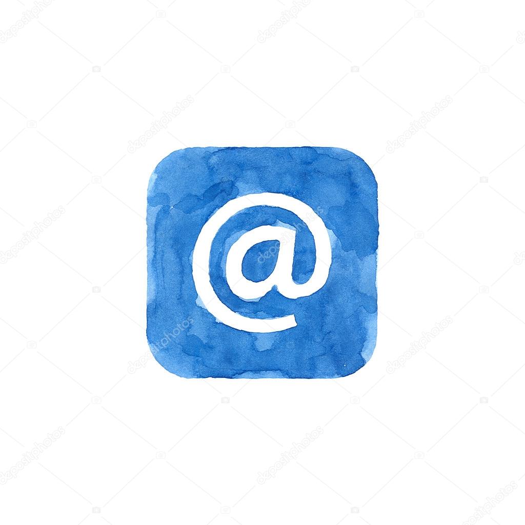 Icon blue button with at sign. Isolated rounded square shape on white background created in watercolor handmade technique. Colored web design element UI user interface