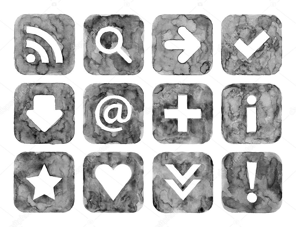 Grayscale color watercolor web buttons set with basic internet sign on white background. Aquarelle created in hand made technique.