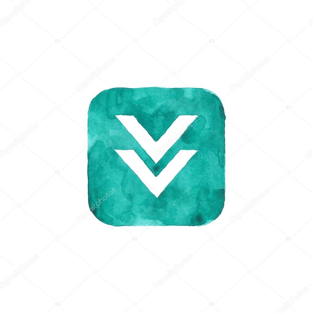 Download icon green button with sign. Isolated rounded square shape on white background created in watercolor handmade technique. Colored web design element UI user interface